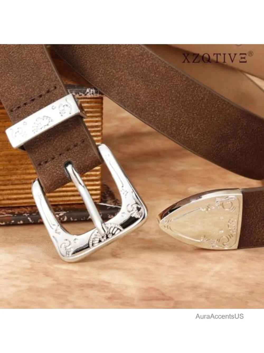 Women's Western Suede Belt with Floral Engraved Silver Buckle